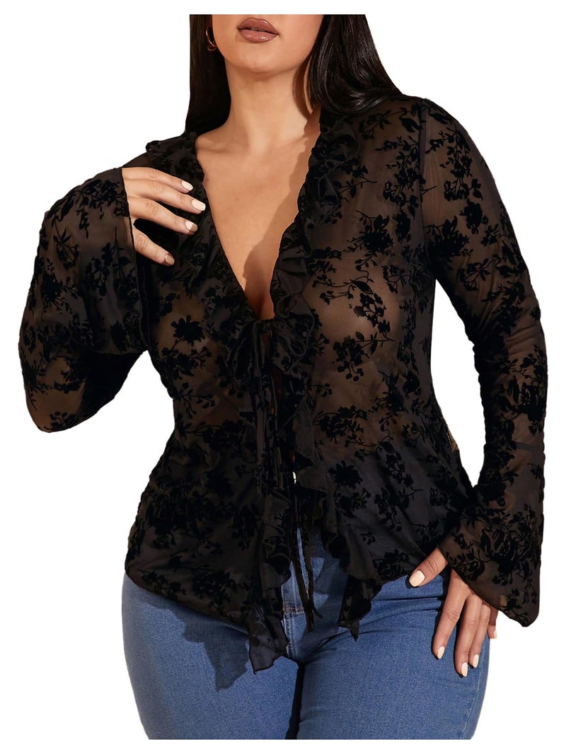WDIRARA Women's Plus Size Floral Lace Sheer T Shirt Tie Front Long Bell Sleeve Tee Going Out Tops Black XX-Large Plus - Image 1