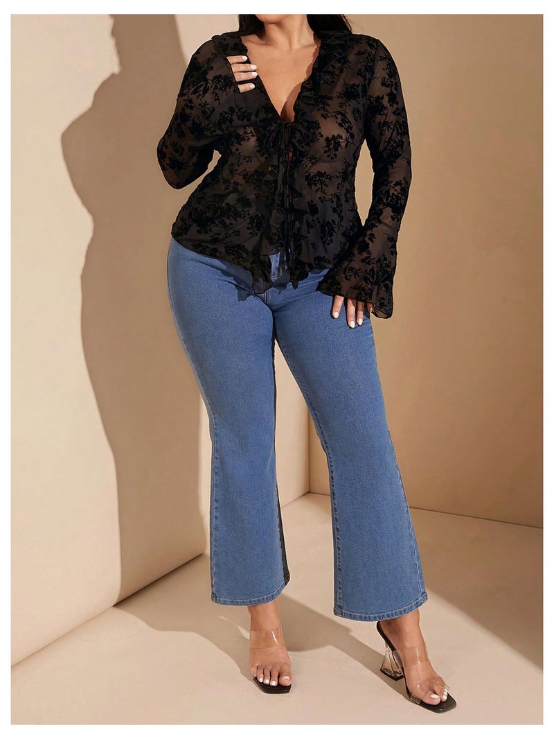 WDIRARA Women's Plus Size Floral Lace Sheer T Shirt Tie Front Long Bell Sleeve Tee Going Out Tops Black XX-Large Plus - Image 5