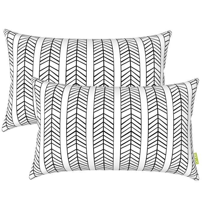 SET OF 2 PATIO LUMBAR PILLOWS 12X20 FADE RESISTANT OUTDOOR LUMBAR PILLOW WITH INNERS FLUFFY DECORATIVE GARDEN LUMBAR CUSHIONS FOR HOME PATIO COACH SOFA USE HERRINGBONE BLACK WHITE