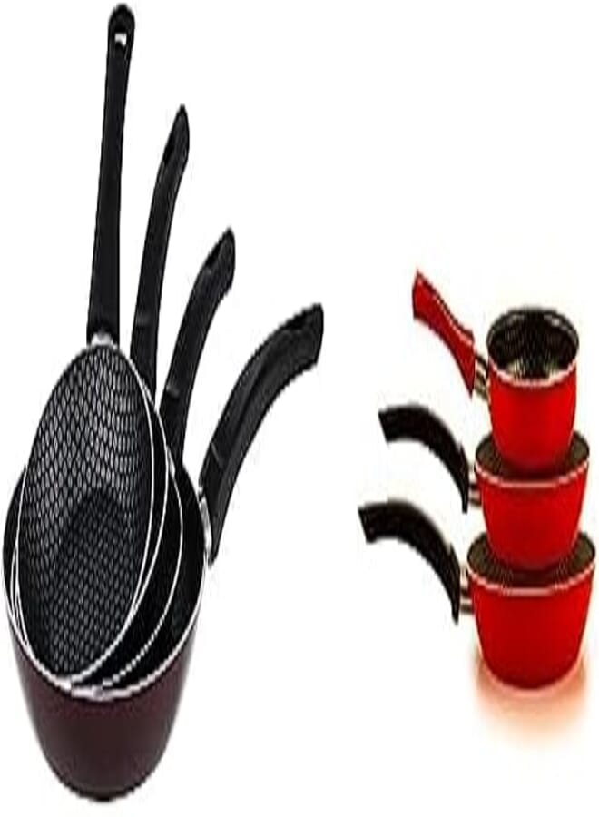 Trueval frying pan set of 4 pieces, sizes 16-18-20-24, dark red + Trueval frying pan set of 3 frayers 14-20-24 red color