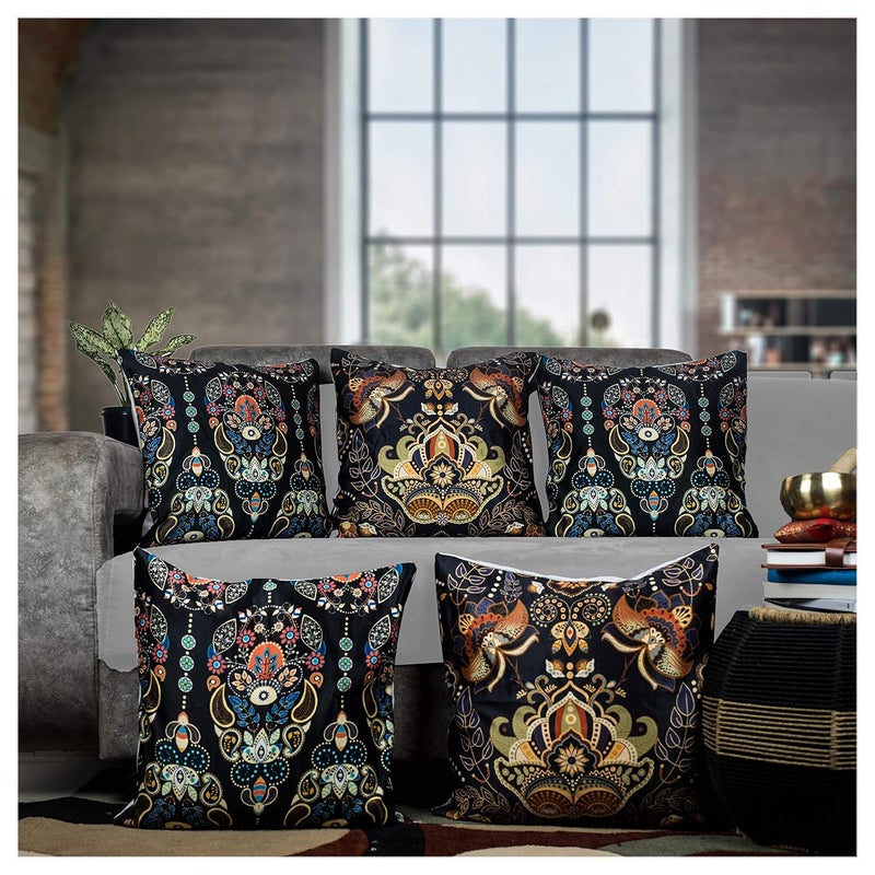 Vendola Multicolor Microfiber Satin 250TC Cushion Pillow Covers Multicolor Set of 5Mughal16x16 Inches