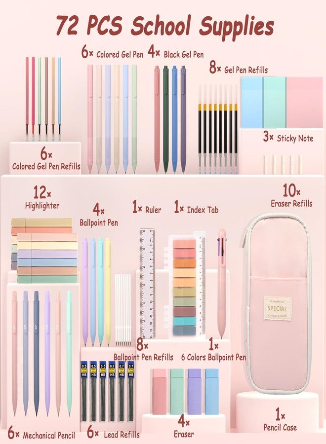QFOUR 72 PCS Pencil Case with Supplies, Aesthetic School Supplies, 12 Highlighters, Colored & Black Ink Gel Pens, 6 Mechanical Pencils Set, Essentials Stationary Set, Pink - Image 2
