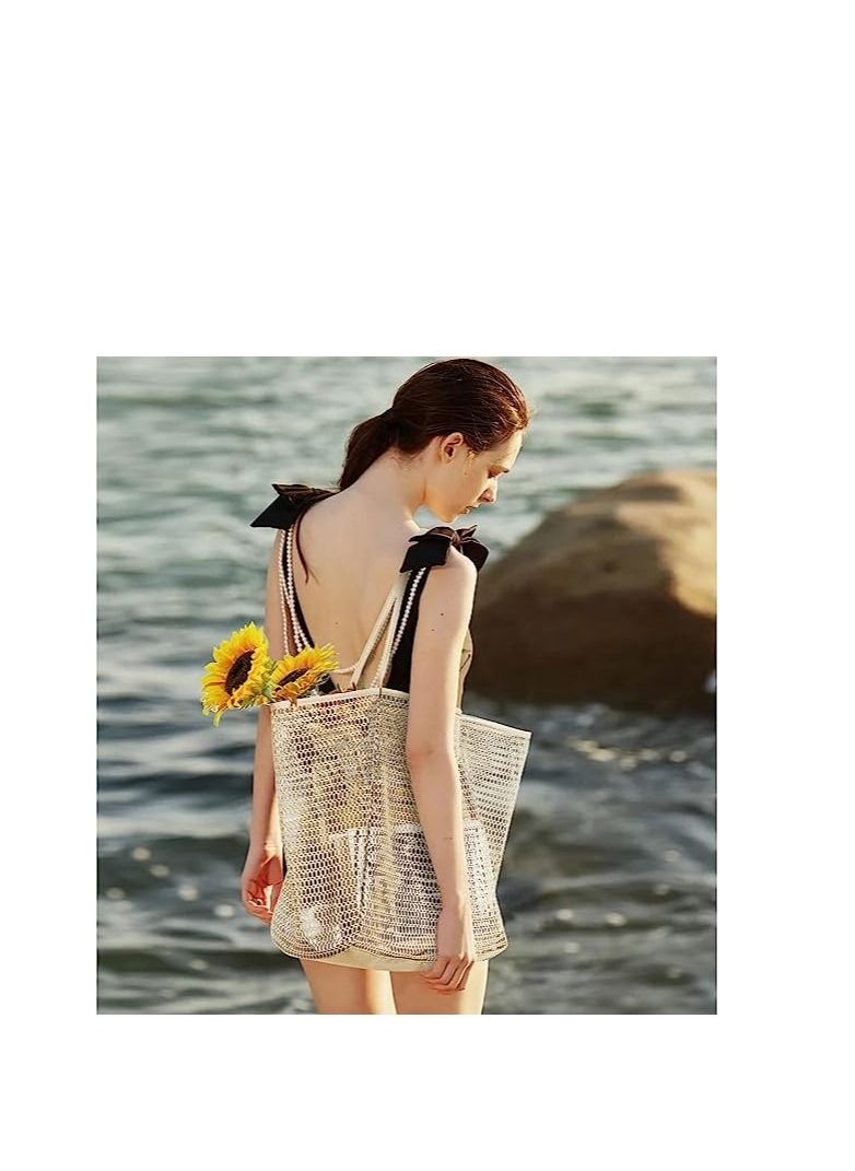 SYOSI - Mesh Beach Bag for Women, Large Tote Bag Lightweight Foldable Beach Tote with Zipper Pocket for Women Vacation Beach Pool Trip - Image 1