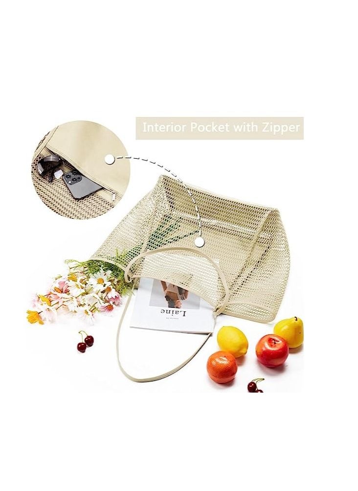 SYOSI - Mesh Beach Bag for Women, Large Tote Bag Lightweight Foldable Beach Tote with Zipper Pocket for Women Vacation Beach Pool Trip - Image 1