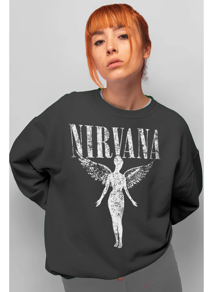 Rock&Roll Angel Nirvana Anthracite Oversize Crew Neck Thick Women's Sweatshirt