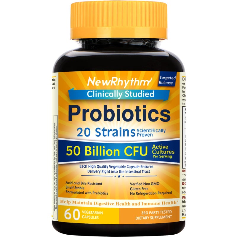 NewRhythm Probiotics 50 Billion CFU 20 Strains 60 Veggie Capsules Targeted Release Technology Stomach Acid Resistant No Need for Refrigeration NonGMO Gluten Free