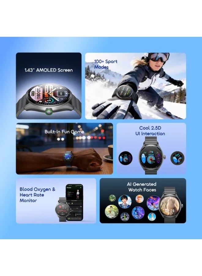 أورايمو ساعة نوفا 2R لايت الذكية (OSW-824) - شاشة AMOLED مقاس 1.43 بوصة، مكالمات بلوتوث، أكثر من 100 وضع رياضي، مقاومة للماء بمعيار IP68، متتبع معدل ضربات القلب ومستوى تشبع الأكسجين في الدم - أسود 300 mAh - Image 2