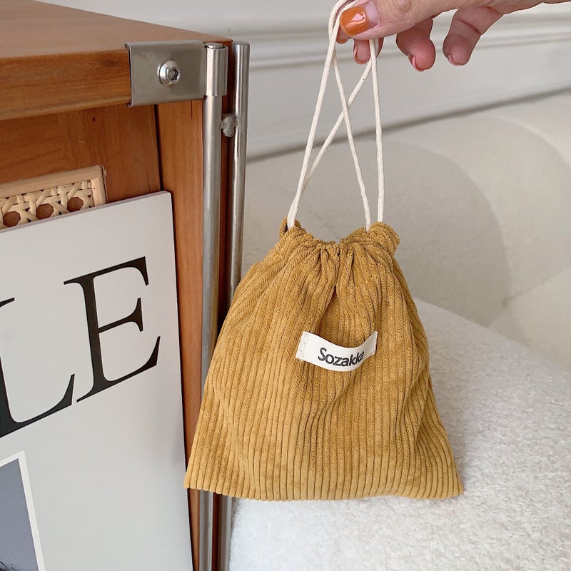 Corduroy Pouch Drawstring Makeup Bag for Women Turmeric 
