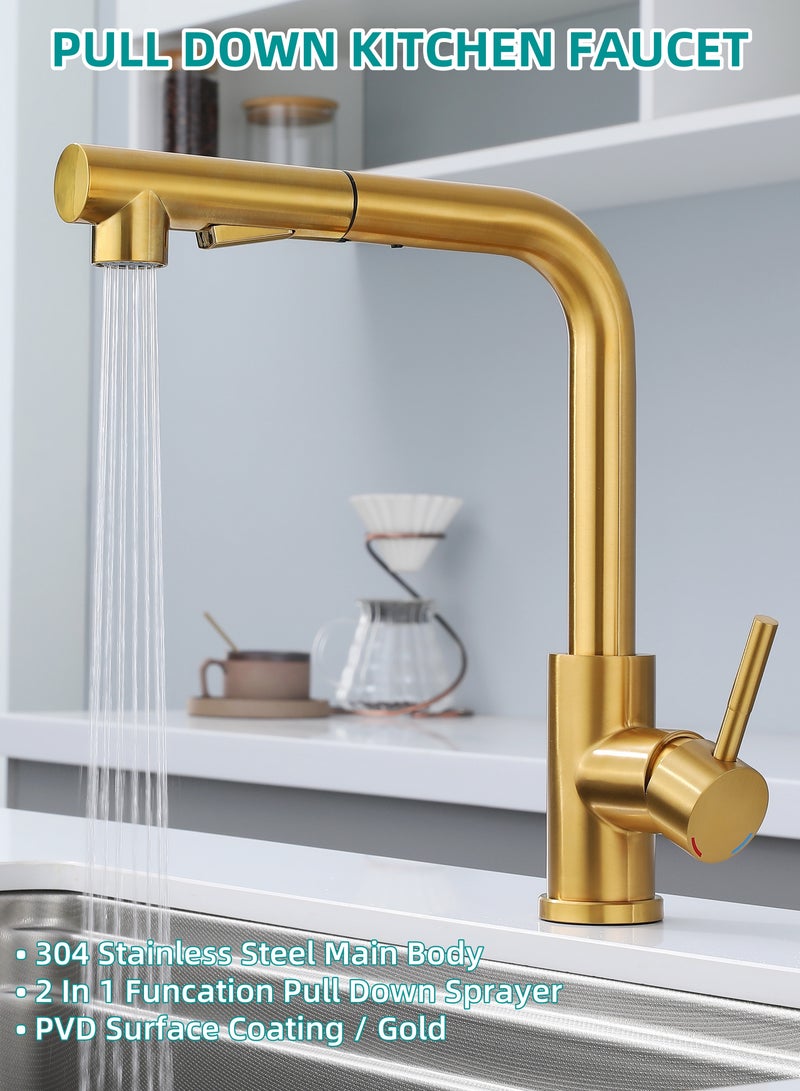 NANAO Kitchen Faucet, 304 Stainless Steel Pull Down Faucet for Kitchen Sink, PVD Gold - Image 2