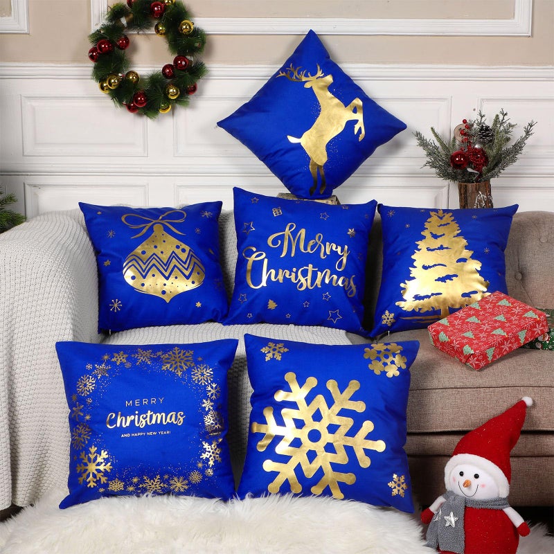 Tatuo 6 Pcs Christmas Pillow Covers Cushion Covers Decoration 18 x 18 in Christmas Pillow Cover Winter Holiday Decor Throw Pillow Case for Sofa Couch Xmas Office Bedroom Decorations(Blue  Gold) - Image 3