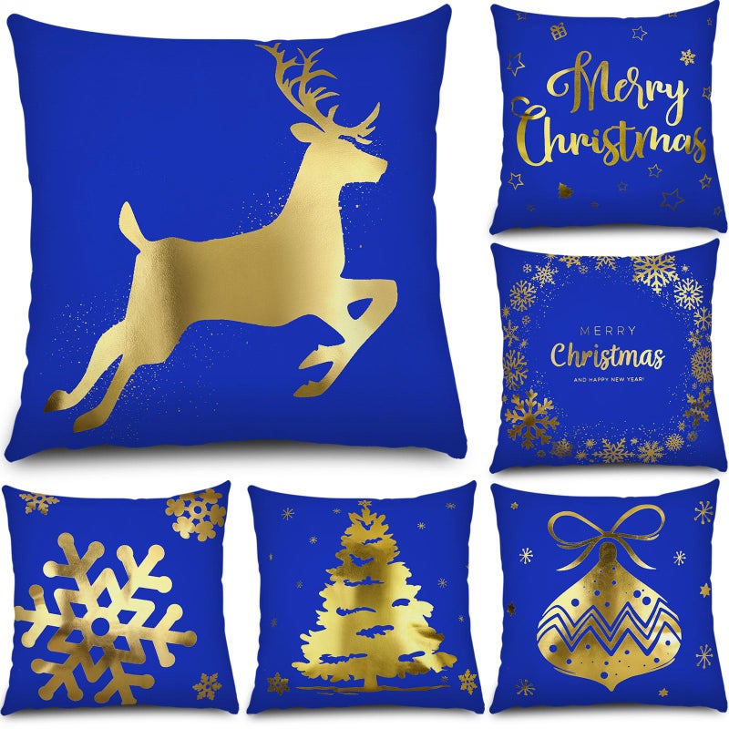 Tatuo 6 Pcs Christmas Pillow Covers Cushion Covers Decoration 18 x 18 in Christmas Pillow Cover Winter Holiday Decor Throw Pillow Case for Sofa Couch Xmas Office Bedroom Decorations(Blue  Gold) - Image 1