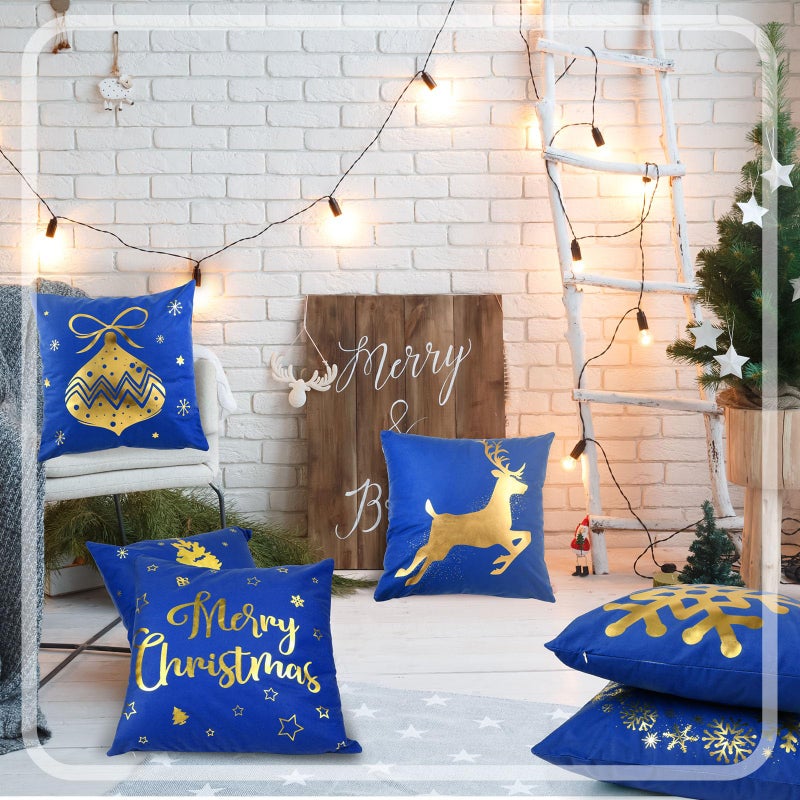 Tatuo 6 Pcs Christmas Pillow Covers Cushion Covers Decoration 18 x 18 in Christmas Pillow Cover Winter Holiday Decor Throw Pillow Case for Sofa Couch Xmas Office Bedroom Decorations(Blue  Gold) - Image 5