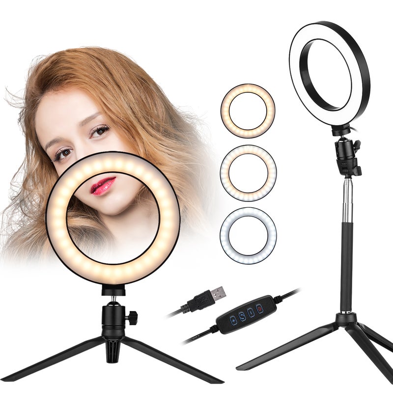 Loquat 6 Inch Mini LED Ring Light with Telescopic Stand Black - Image 4