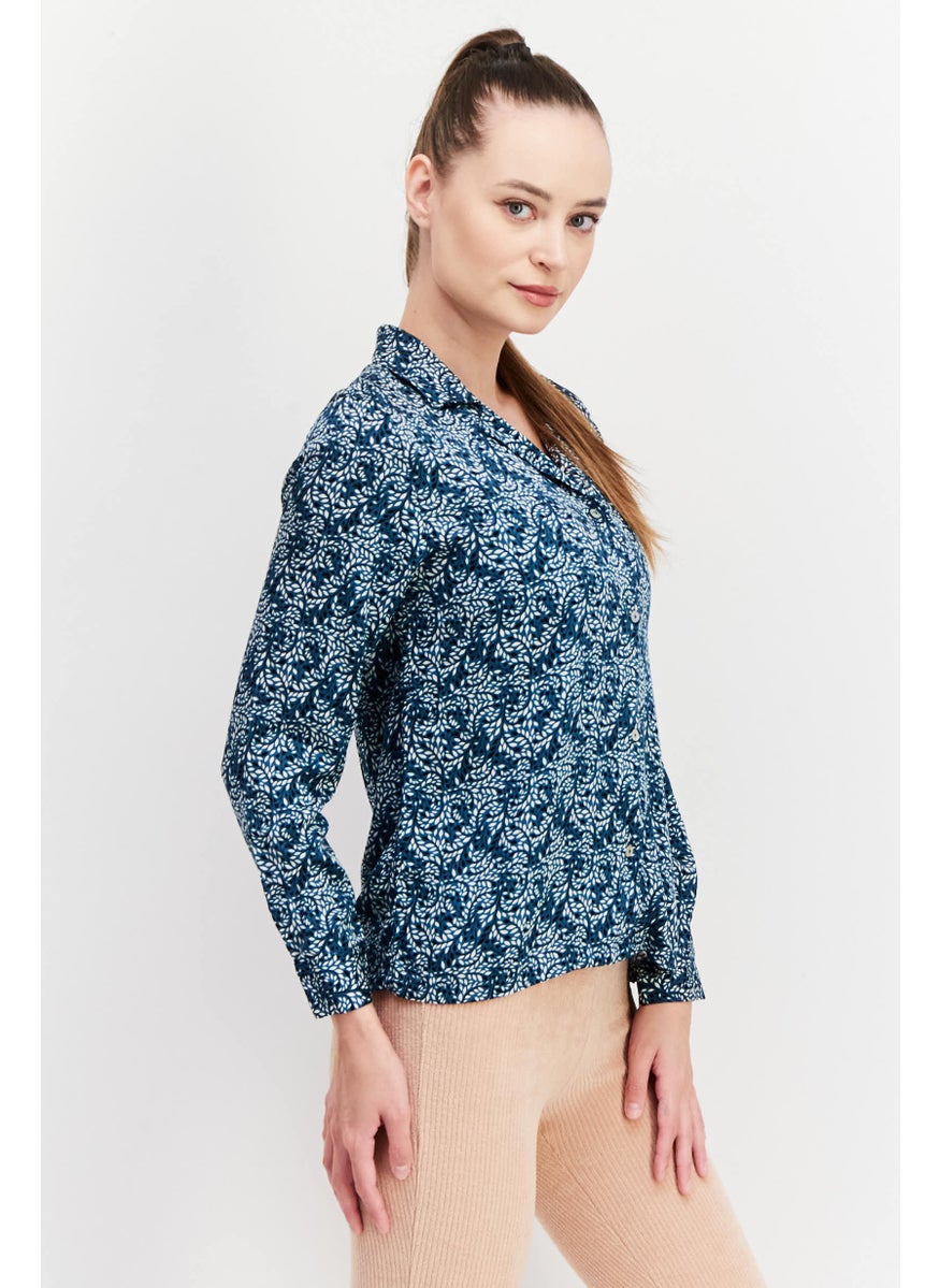 Etam Women Allover Print Long Sleeve Pajama Top, Teal Combo  - Image 2
