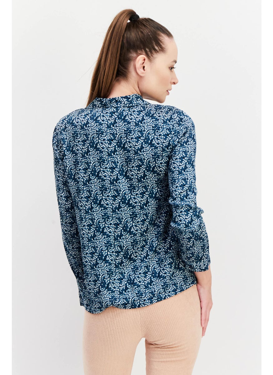 Etam Women Allover Print Long Sleeve Pajama Top, Teal Combo  - Image 3