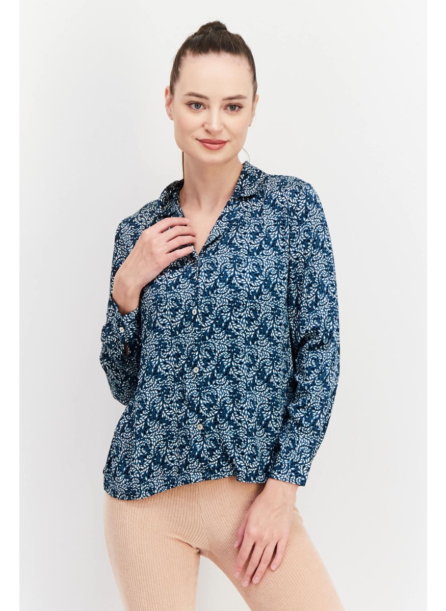 Etam Women Allover Print Long Sleeve Pajama Top, Teal Combo  - Image 1