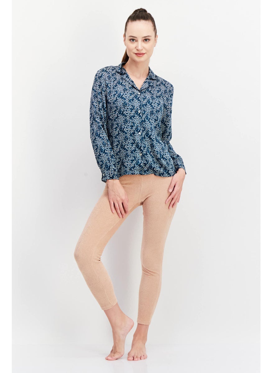 Etam Women Allover Print Long Sleeve Pajama Top, Teal Combo  - Image 4