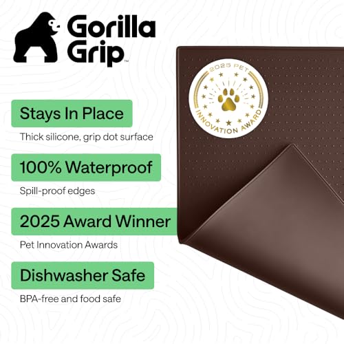 GORILLA GRIP 100 Waterproof Raised Edge BPA Free Silicone Pet Feeding Mat Dog Cat Food Mats Contain Spills Protects Floors Placemats for Cats and Dogs Water Bowl Pets Accessories 23x15 Brown - Image 3