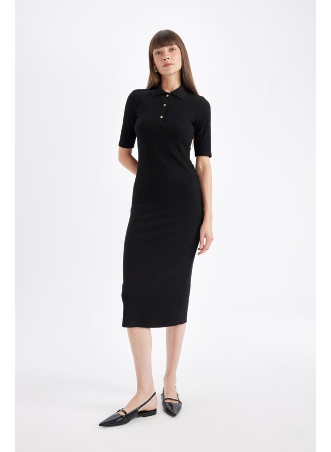 DeFacto Woman Tricot Fitted Polo Neck Short Sleeve Dress  - Image 1