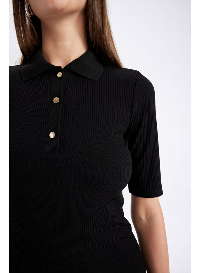 DeFacto Woman Tricot Fitted Polo Neck Short Sleeve Dress  - Image 3