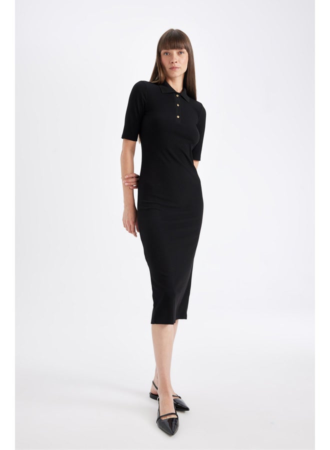 DeFacto Woman Tricot Fitted Polo Neck Short Sleeve Dress  - Image 5