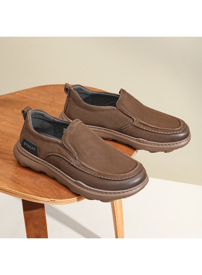 St&sat Men's First Layer Cowhide Vintage Thick Sole Slip-on Casual Shoes Comfortable Lightweight Sneakers Brown Size 40 - Image 3