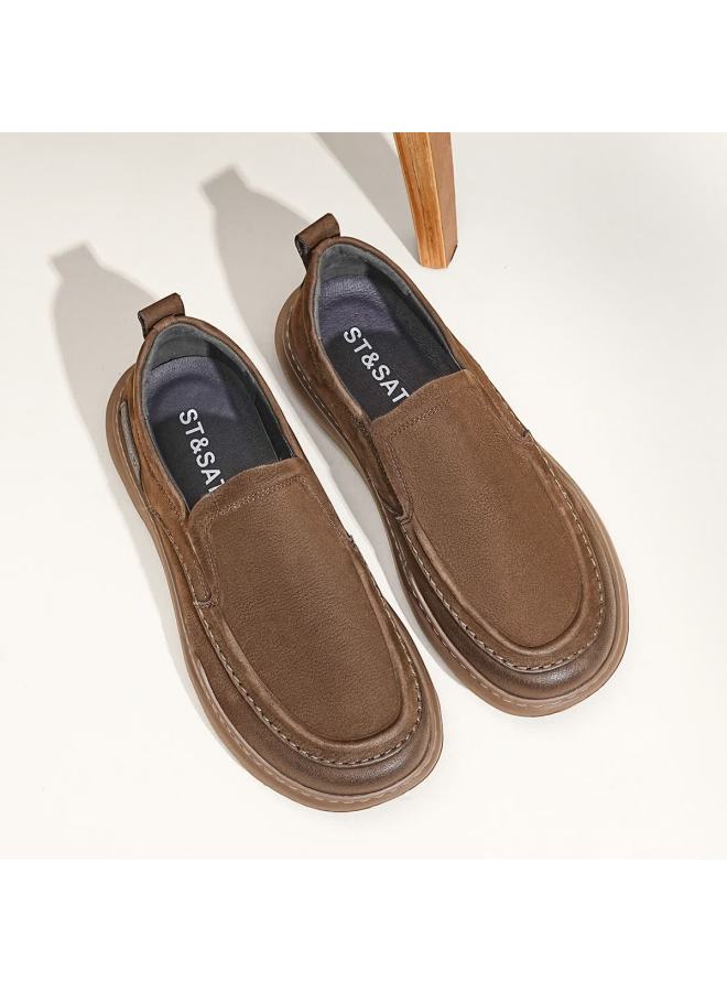 St&sat Men's First Layer Cowhide Vintage Thick Sole Slip-on Casual Shoes Comfortable Lightweight Sneakers Brown Size 40 - Image 5
