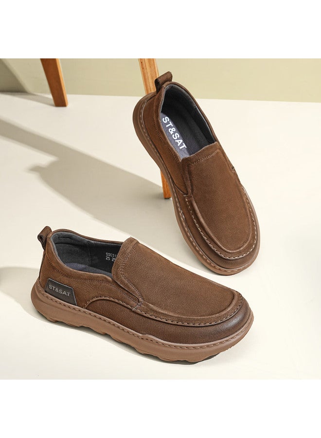 St&sat Men's First Layer Cowhide Vintage Thick Sole Slip-on Casual Shoes Comfortable Lightweight Sneakers Brown Size 40 - Image 2