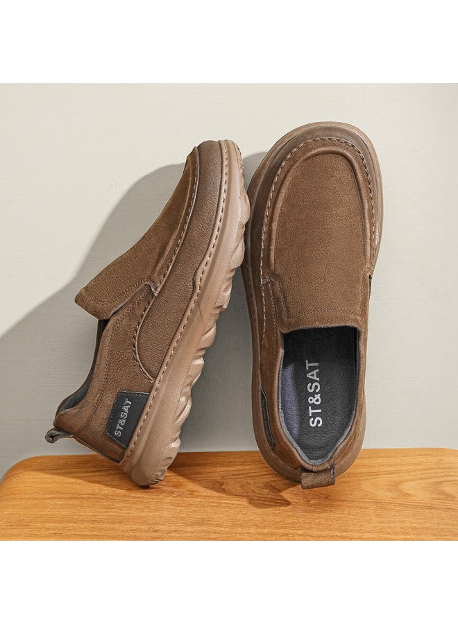 St&sat Men's First Layer Cowhide Vintage Thick Sole Slip-on Casual Shoes Comfortable Lightweight Sneakers Brown Size 40 - Image 1