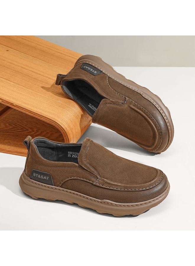 St&sat Men's First Layer Cowhide Vintage Thick Sole Slip-on Casual Shoes Comfortable Lightweight Sneakers Brown Size 40 - Image 4
