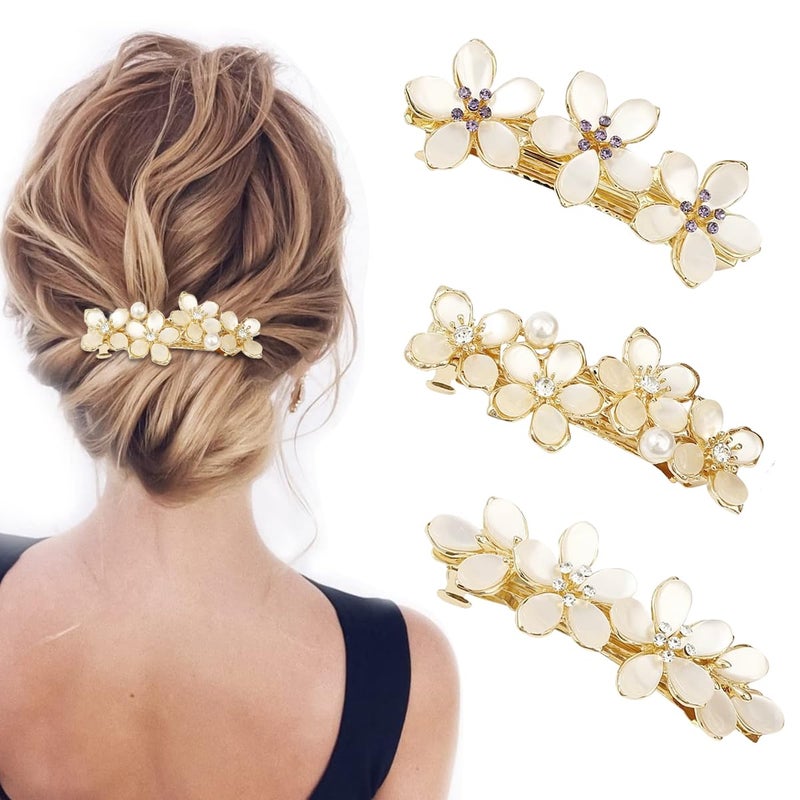 M'AYCREATE MAYCREATE® 3Pcs Floral Hair Clips for Girls Women, Stylish Clip Hair Accessories for Woman, Metal French Barrettes, Opal Embellishment Hair Pins, Mother's Day Gift - Image 1