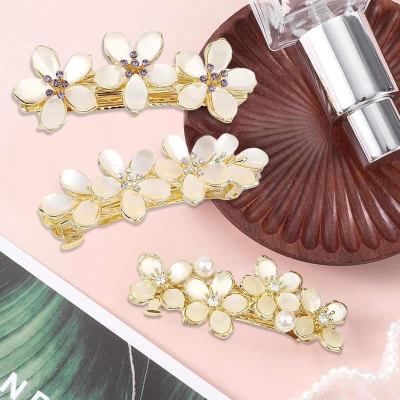 M'AYCREATE MAYCREATE® 3Pcs Floral Hair Clips for Girls Women, Stylish Clip Hair Accessories for Woman, Metal French Barrettes, Opal Embellishment Hair Pins, Mother's Day Gift - Image 4
