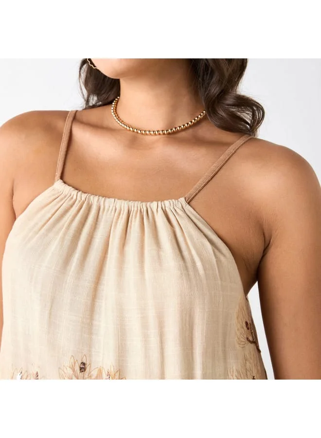 Iconic Iconic Embellished Sleeveless Linen Blend Dress with Slit