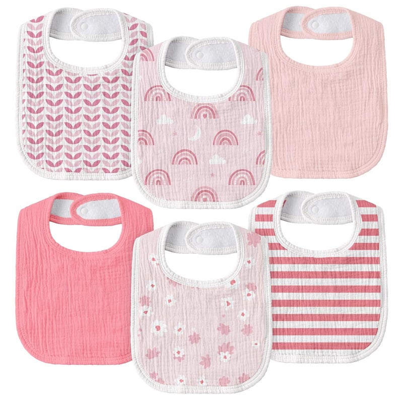 Muslin Drool Bibs for Boys Girls 6 Pack - Adjustable Baby Bibs for Drooling and Teething (Rosie Rainbow) - Image 1