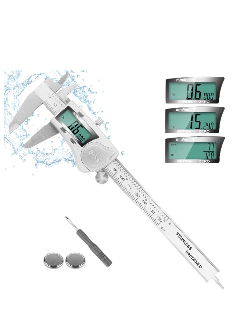 Zikra Digital Caliper Calipers 6 Inch Measuring Tool with Stainless Steel IP54 Splash Proof Protection Design Easy Switch from Inch to Millimeter Large Screen - Image 1