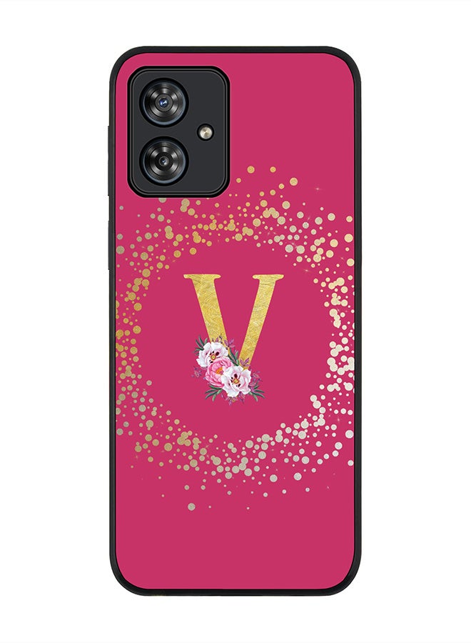 Stylizedd Rugged Black Case for Motorola Moto G54 / Motorola Moto G54 Power / Motorola Moto G64 5G,Custom Monogram Letter Floral Alphabet - V(Deep Pink Rose)  - Image 1
