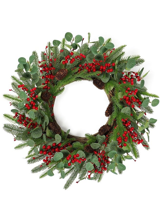 Dremisland Dremisland 24 Inch Artificial Christmas Wreath for Front Door Large Christmas Wreath with Red Berry Real Touch Pine Cones Winter Wreath Front Door Christmas Decorations Window Home Holiday Xmas Decor  - Image 1