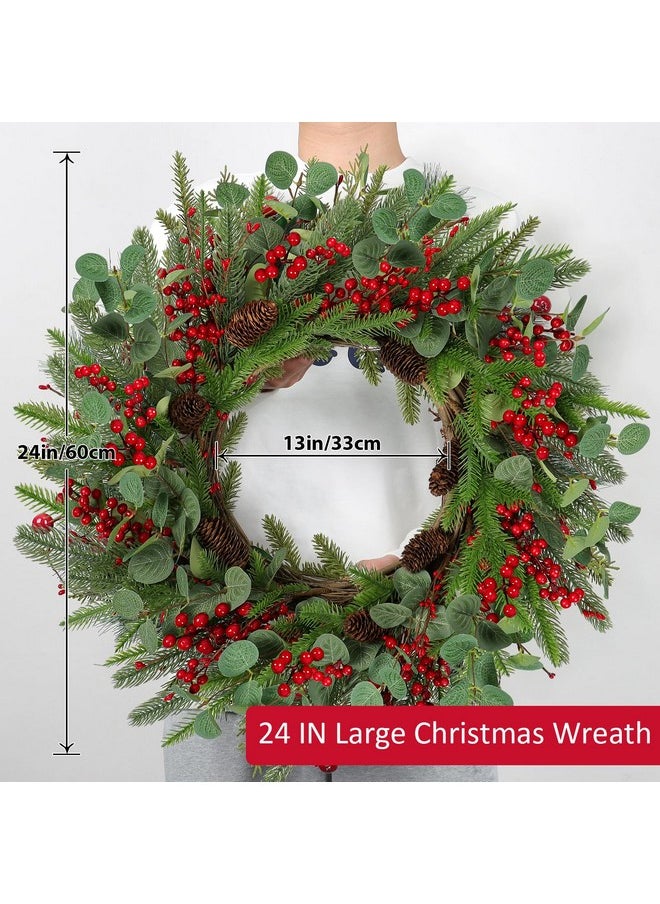 Dremisland Dremisland 24 Inch Artificial Christmas Wreath for Front Door Large Christmas Wreath with Red Berry Real Touch Pine Cones Winter Wreath Front Door Christmas Decorations Window Home Holiday Xmas Decor  - Image 3