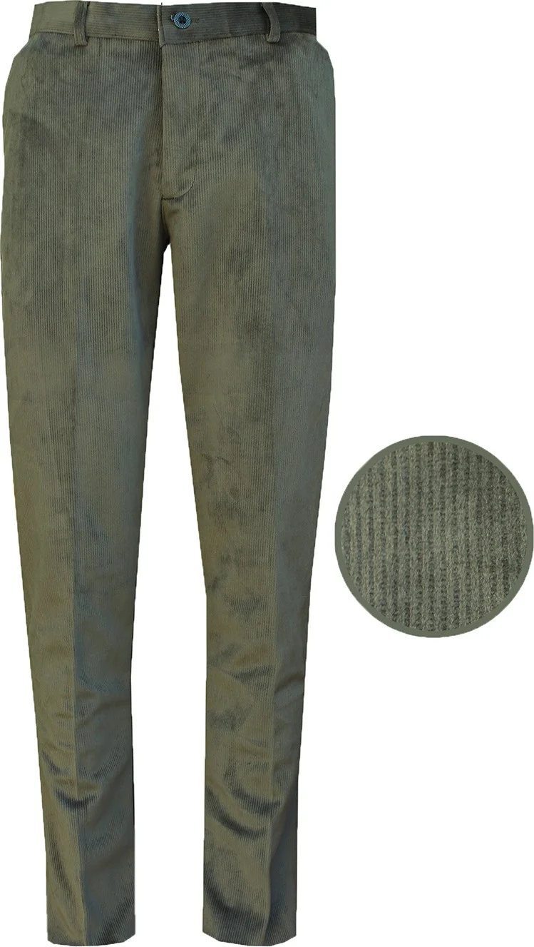 Men's Green Winter Velvet Slim Ribbed Wool Inside Classic Cut Trousers with Side Pockets