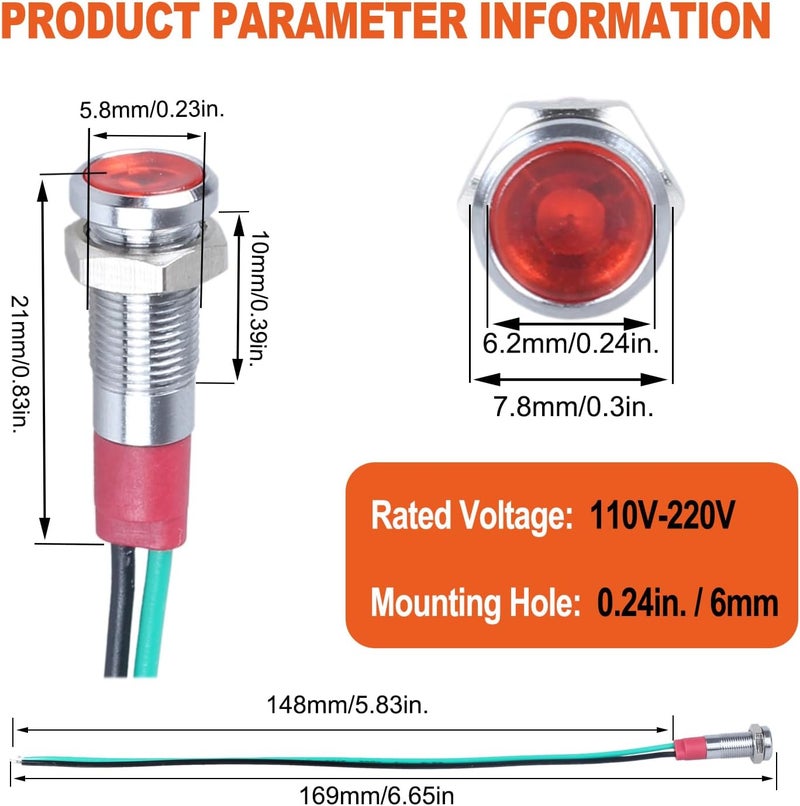 DMWD 10Pcs 6mm (1/4") 110V-220V Metal LED Indicator Light 20mA Wide Flat Head Waterproof Signal Lamp Pilot Dash Directional with Wire（Red LED) - Image 2