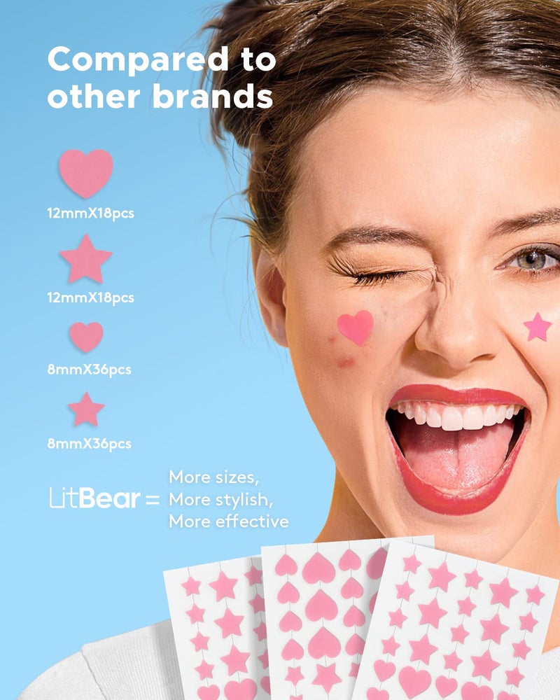 LitBear Acne Patch Pimple Patch, Pink Heart & Star Shaped Absorbing Cover Hydrocolloid Patches For Face Zit, Acne Dots, Tea Tree Oil + Centella (108 Count (Pack of 1)) - Image 2