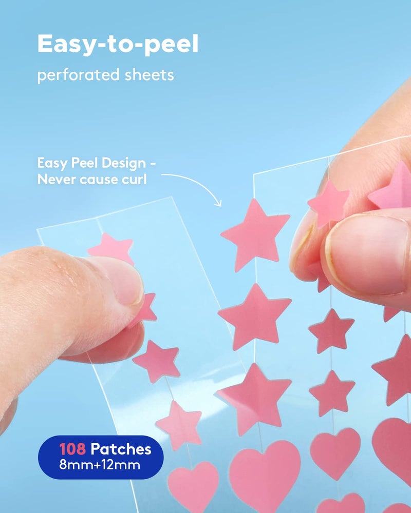 LitBear Acne Patch Pimple Patch, Pink Heart & Star Shaped Absorbing Cover Hydrocolloid Patches For Face Zit, Acne Dots, Tea Tree Oil + Centella (108 Count (Pack of 1)) - Image 3
