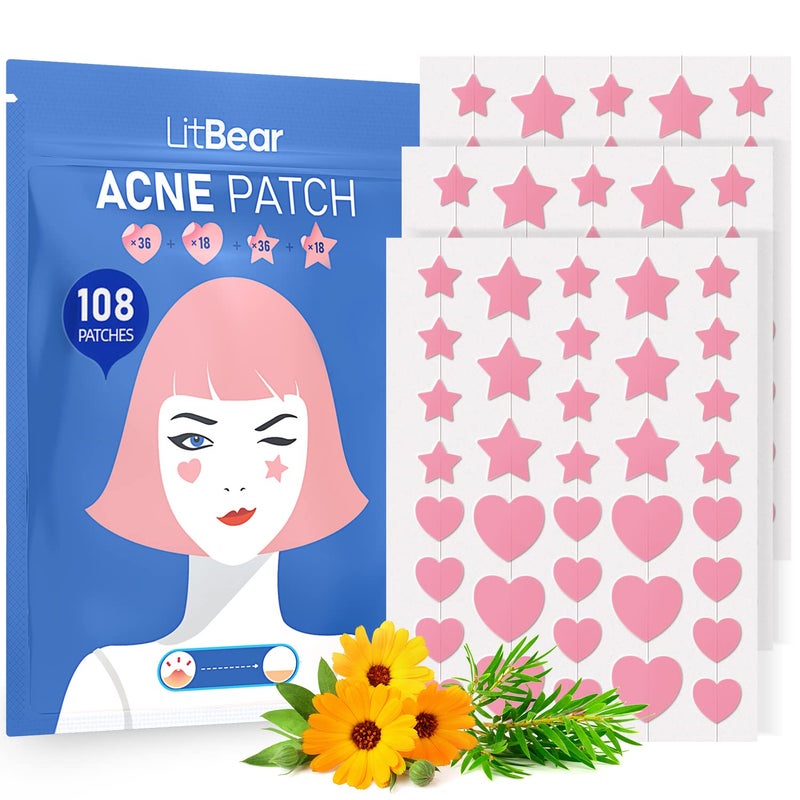 LitBear Acne Patch Pimple Patch, Pink Heart & Star Shaped Absorbing Cover Hydrocolloid Patches For Face Zit, Acne Dots, Tea Tree Oil + Centella (108 Count (Pack of 1)) - Image 1