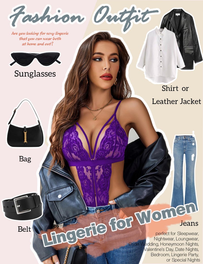 GirlFriend Women One Piece Lingerie Deep V Lace Bodysuit Babydoll Teddy Underwear Purple - Image 4