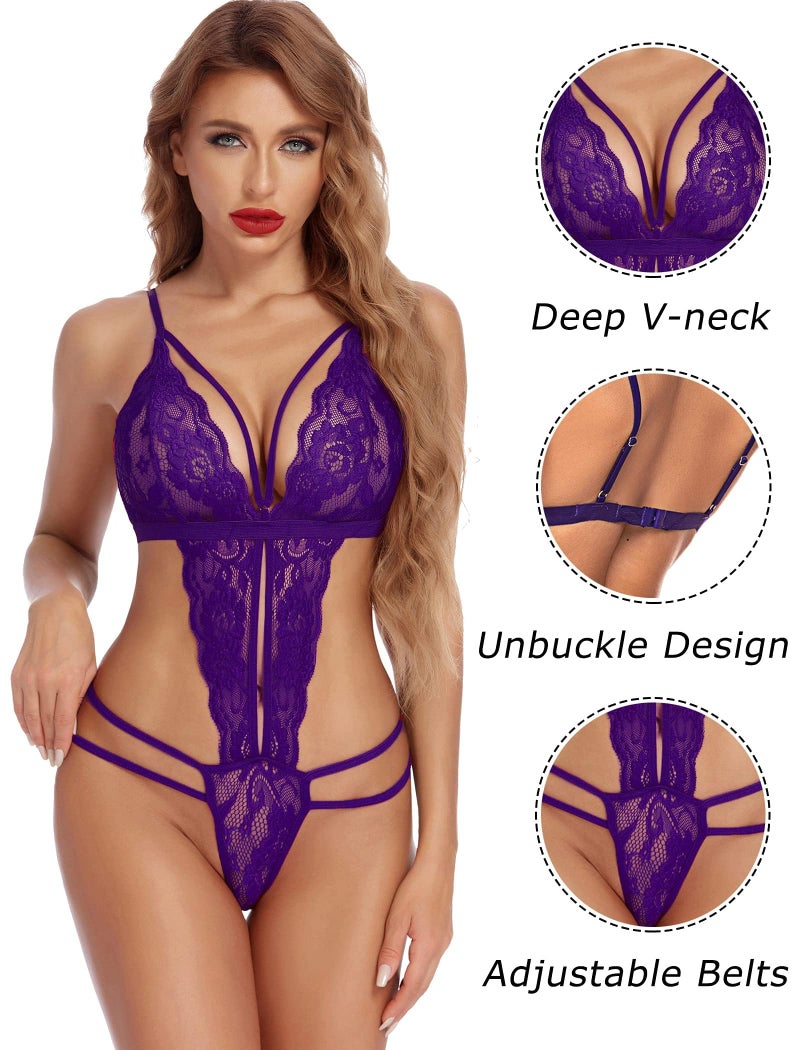 GirlFriend Women One Piece Lingerie Deep V Lace Bodysuit Babydoll Teddy Underwear Purple - Image 3