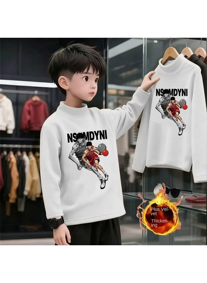 Boys And Girls' Thick Half High Neck Velvet Bottom Shirt, Autumn And Winter New Warm Baby Long Sleeve T-shirt - Image 1