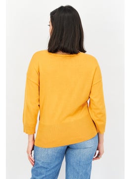 VERO MODA Women Boat Neck Elbow Sleeve Knitted Sweater, Mustard  - Image 3