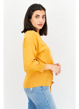 VERO MODA Women Boat Neck Elbow Sleeve Knitted Sweater, Mustard  - Image 4