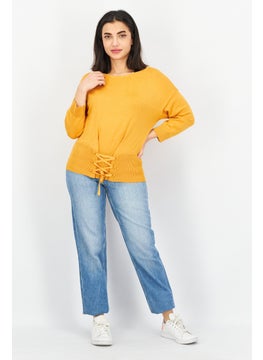 VERO MODA Women Boat Neck Elbow Sleeve Knitted Sweater, Mustard  - Image 2