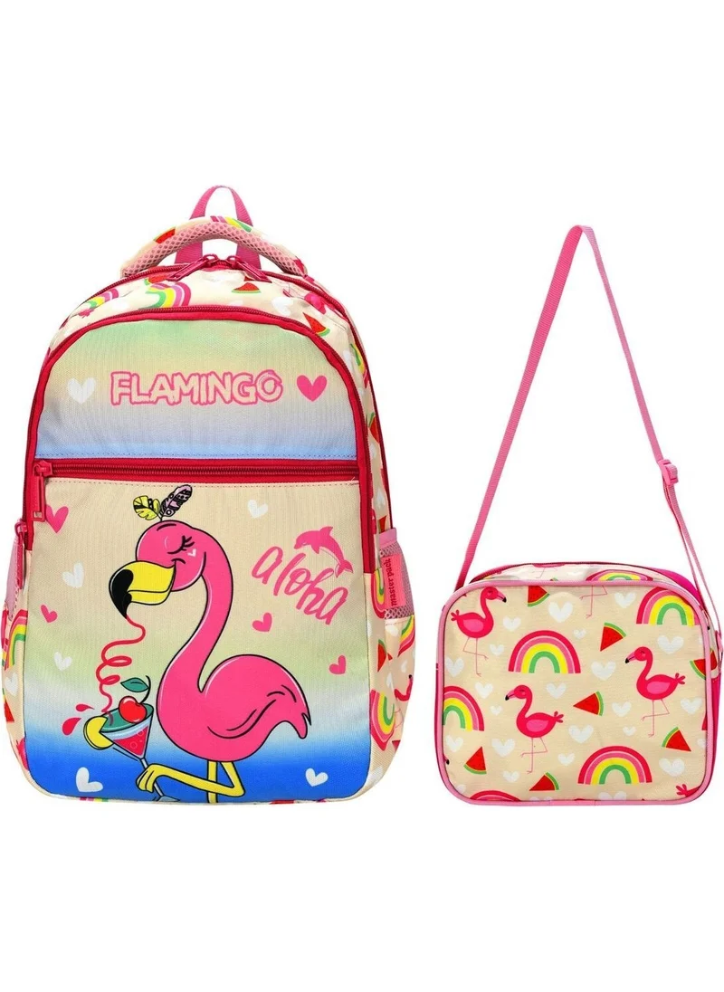 Tezzgelsin Girls Flamingo Colorful Printed 3 Compartment and Lunch Box Primary School Backpack and School Bag